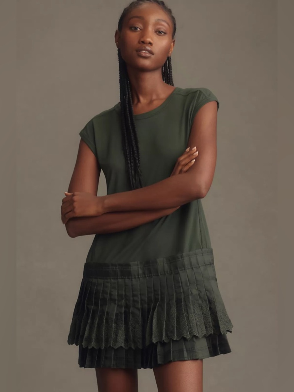 Anthropologie Dark Olive Layered Pleated Mini Dress